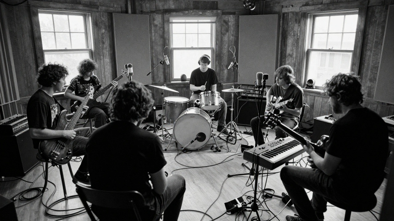 Musicians recording live together in a rustic wood-paneled studio