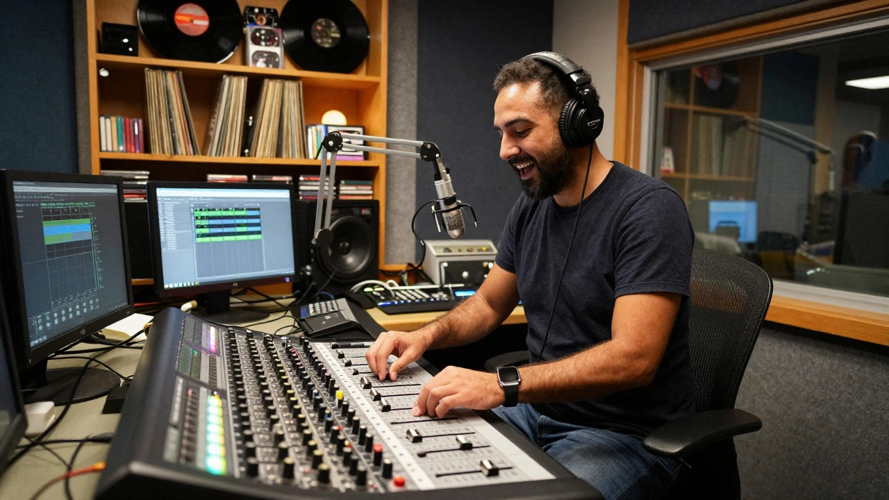 Radio DJ operating a mixing console in a booth filled with vinyl records
