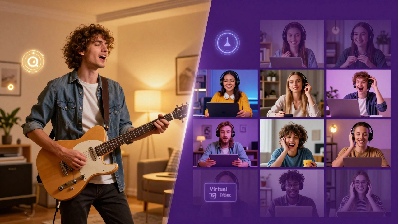 Split view of a musician performing and fans watching the live stream on digital devices