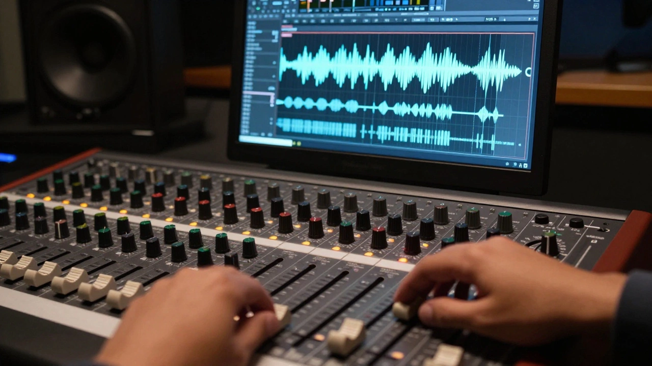 Studio mixing console and monitor showing a compressor plugin with audio waveforms