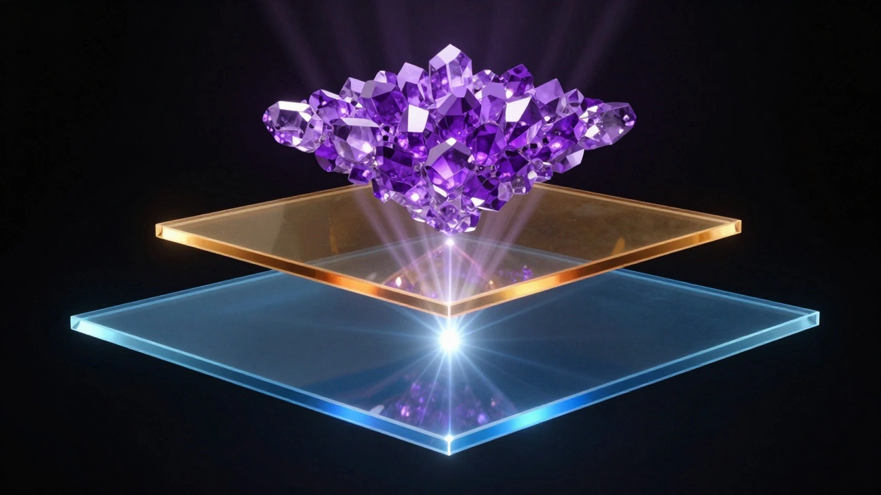 Three overlapping layers of colored glass focusing a beam of light into a precise point.