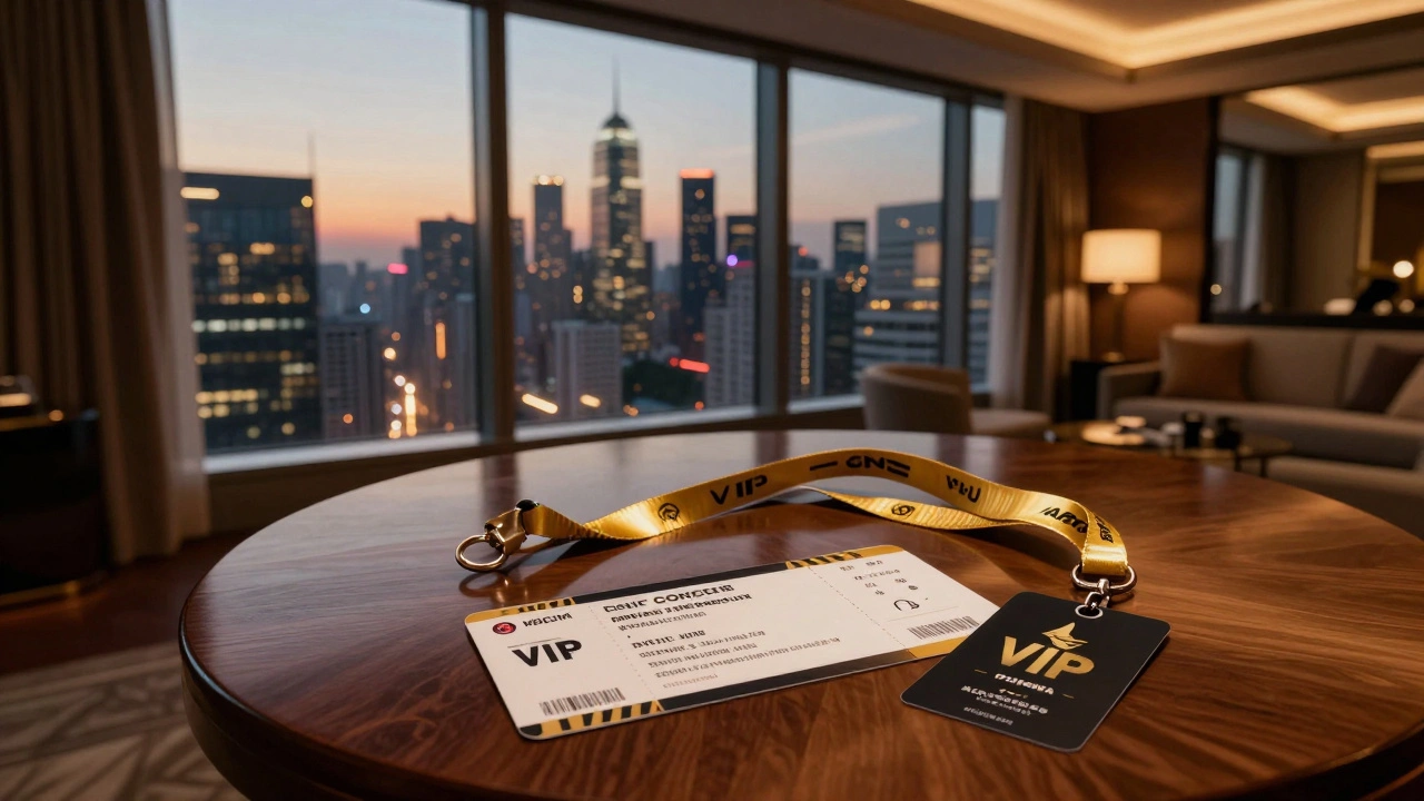 VIP concert tickets and backstage pass in a luxury hotel suite.