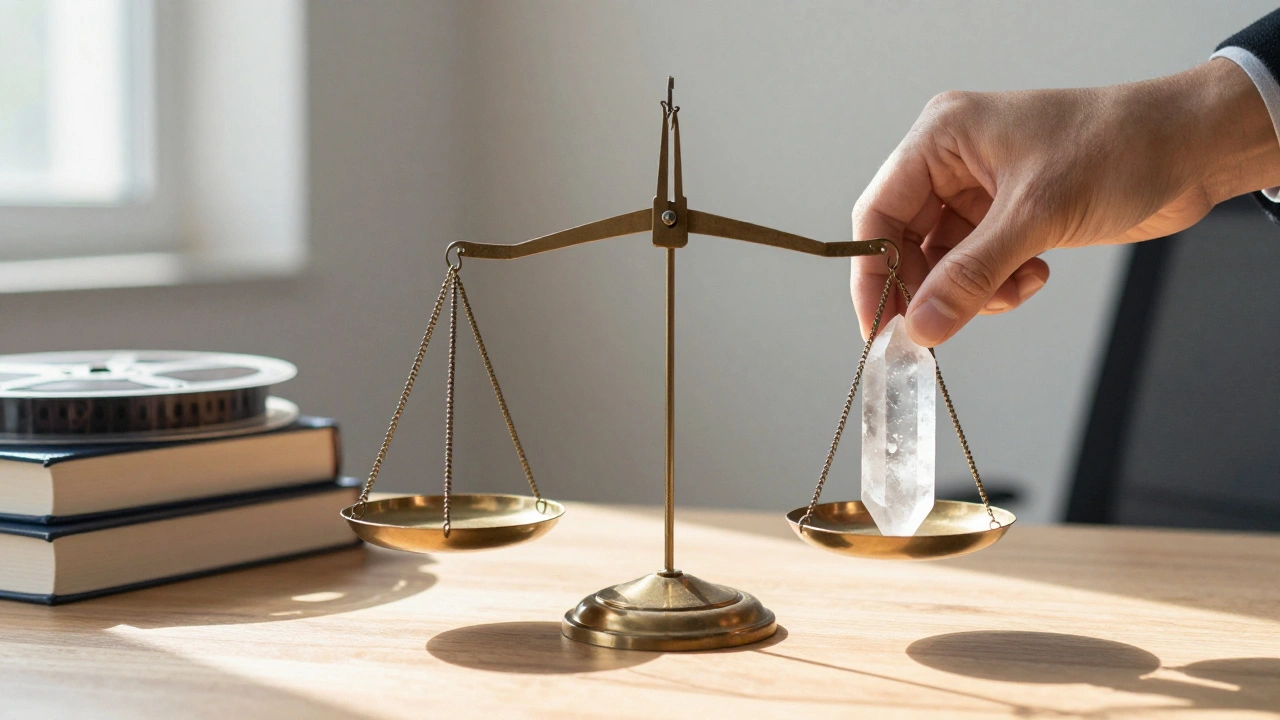 A balance scale tipped by a crystal shard representing honesty, sitting on a desk near books.