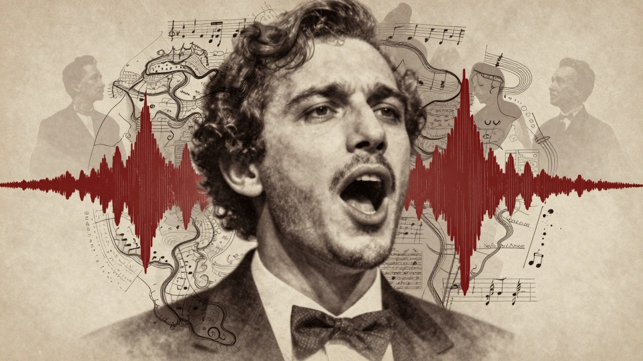 Abstract art of a singer with musical notes and ancestral ghosts