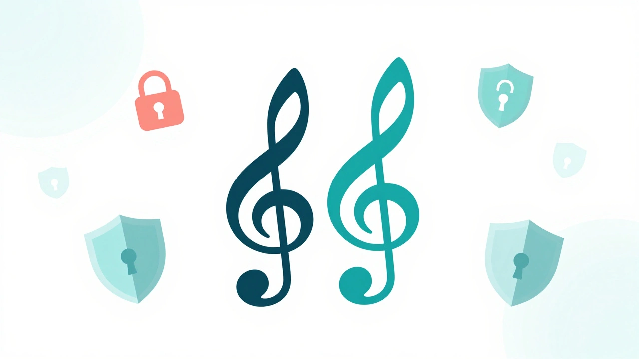 Abstract illustration of musical notes merging with shield icons for safety