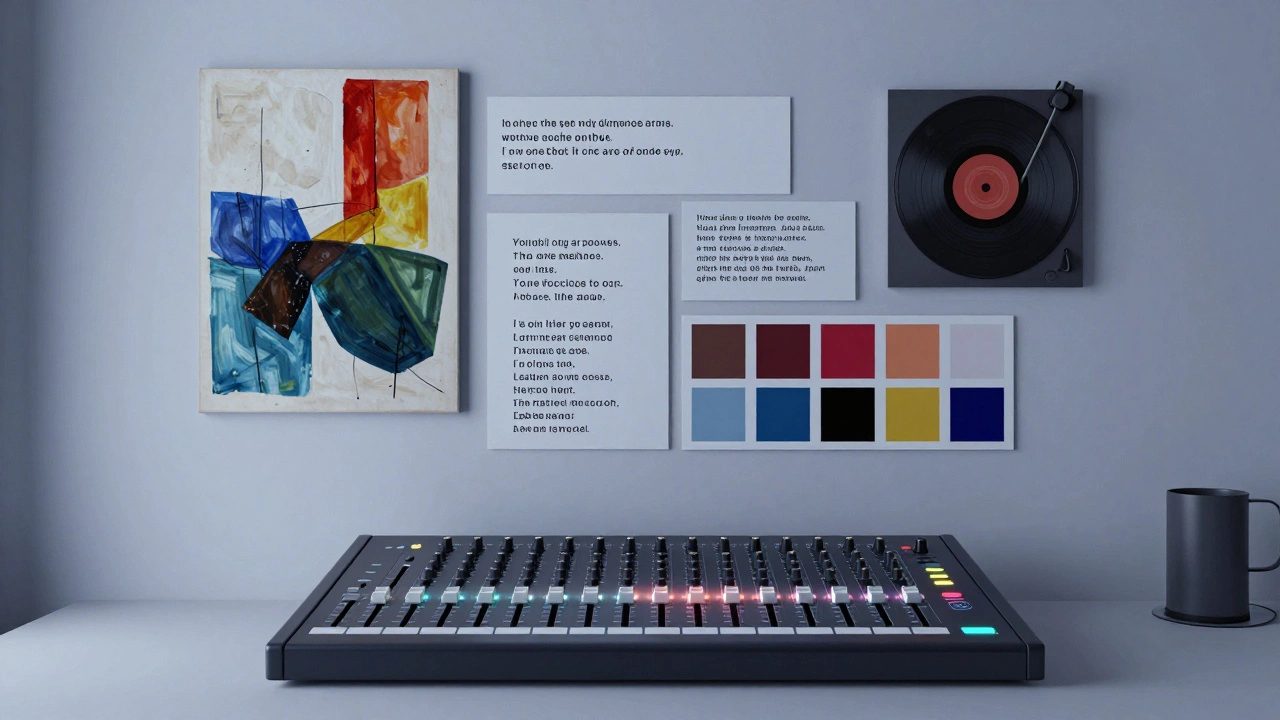 Artist workspace combining mood boards and audio mixing equipment