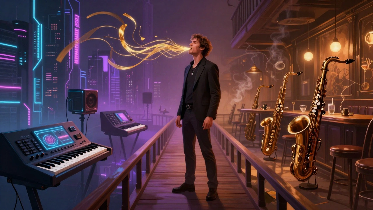 Artistic visualization of Robert Hill bridging electronic and jazz music genres with golden sound waves.