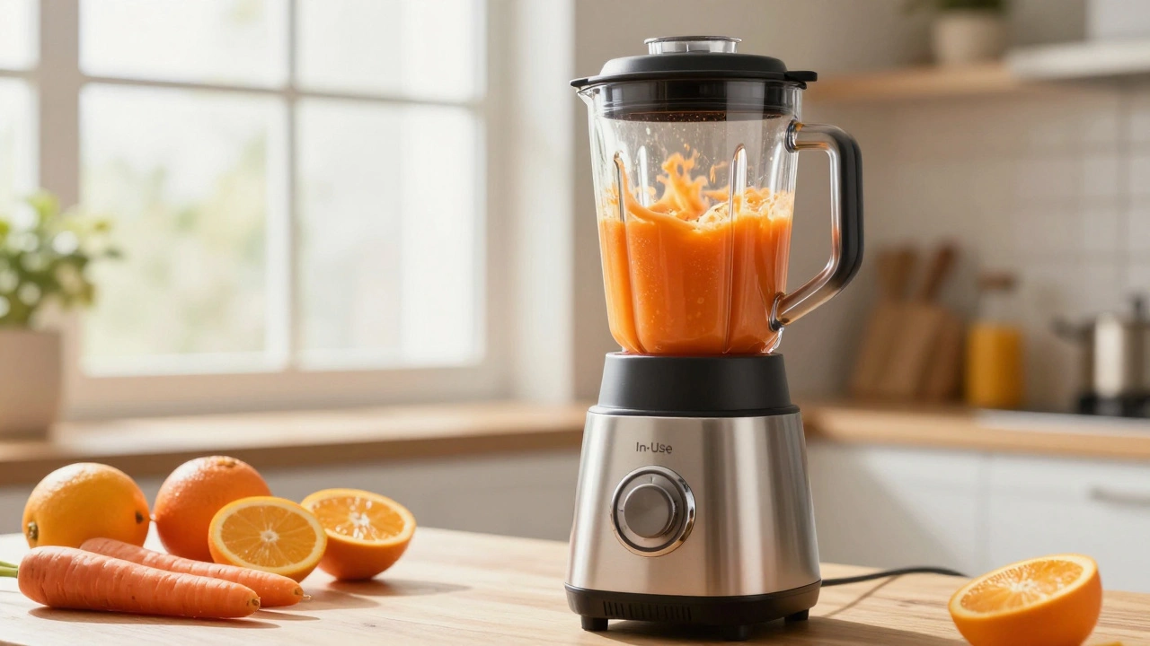 Blender making a vibrant orange smoothie in a sunny kitchen