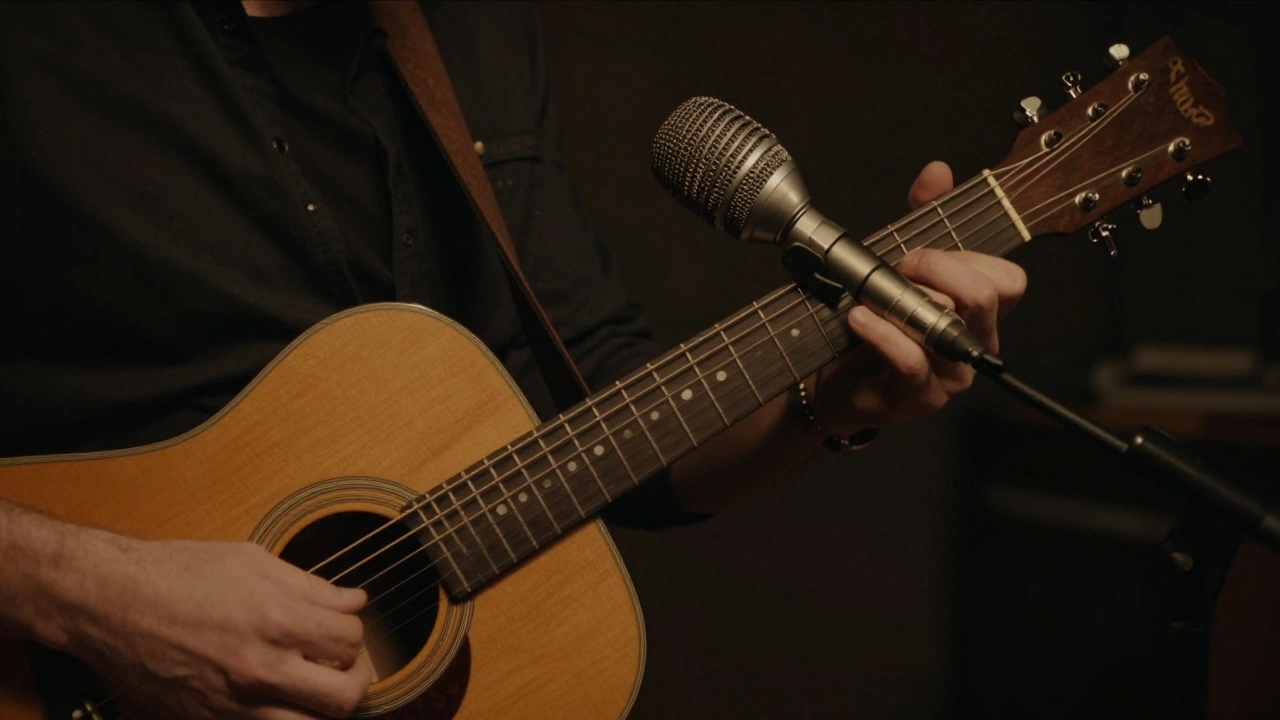 Close-up of acoustic guitar and ribbon mic capturing organic sound details