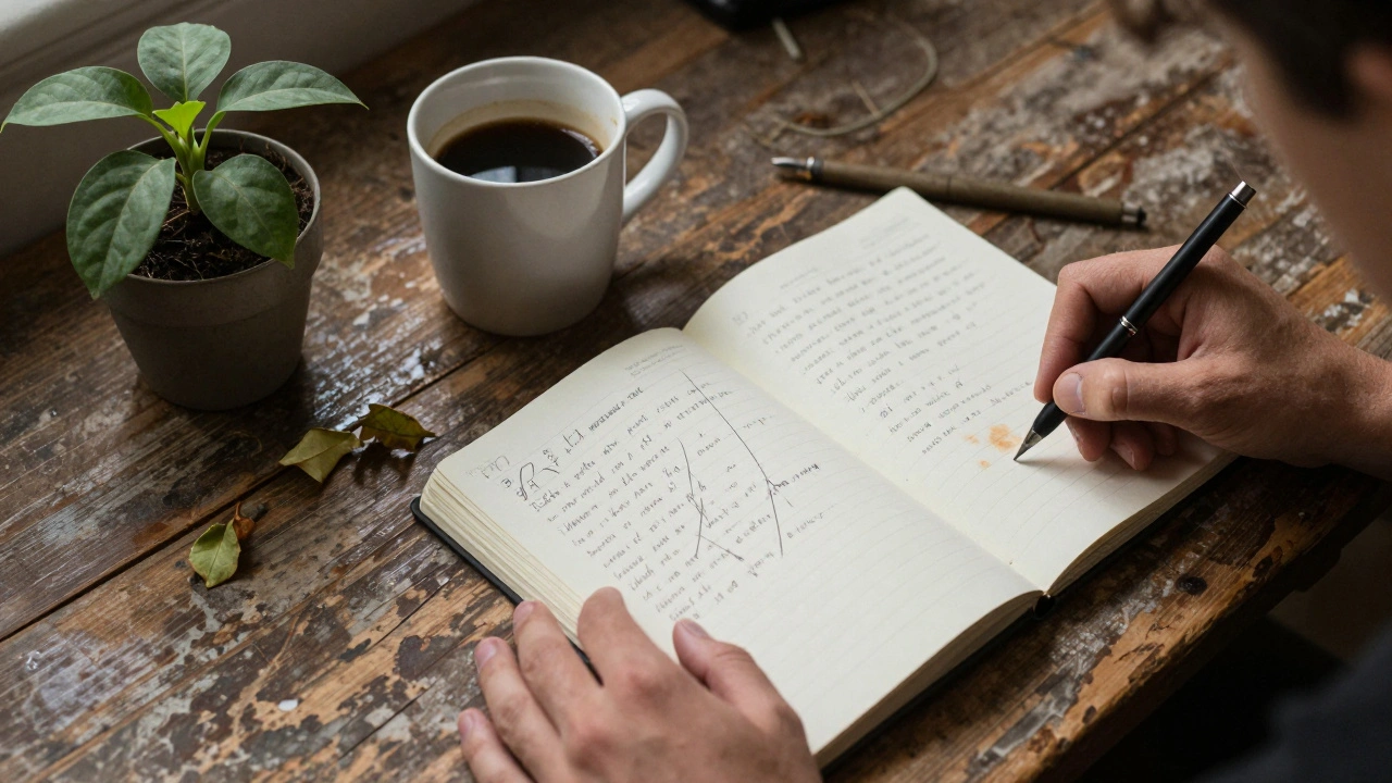 Close-up of songwriter's hands, notebook, cold coffee, and wilting plant