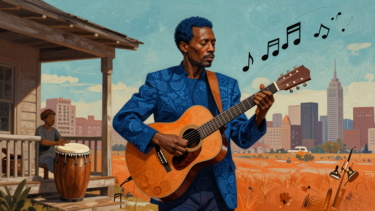 Conceptual art showing Robert Hill surrounded by global musical influences