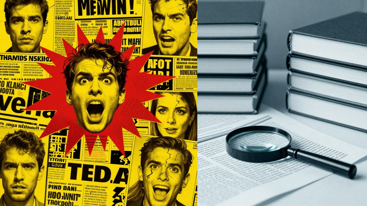 Contrast between sensational tabloid chaos and calm mainstream analysis