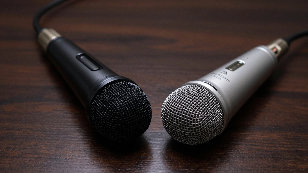 Dynamic and condenser microphones side by side on desk