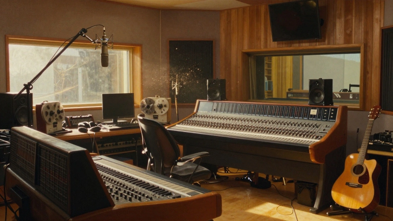 Empty analog recording studio with tape machines and instruments in warm light