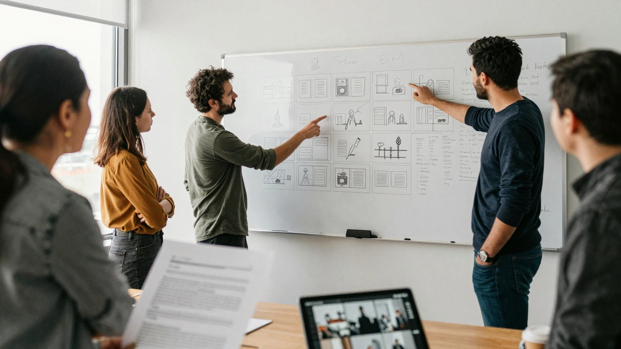 Film crew discussing storyboard plans on a whiteboard