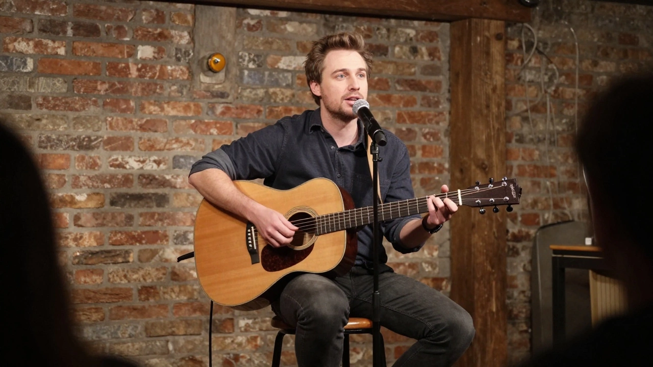 Folk singer connecting with audience through eye contact on stage