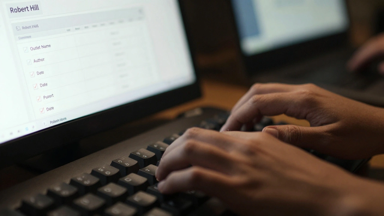Hand typing on keyboard with monitors displaying citation checks and search results