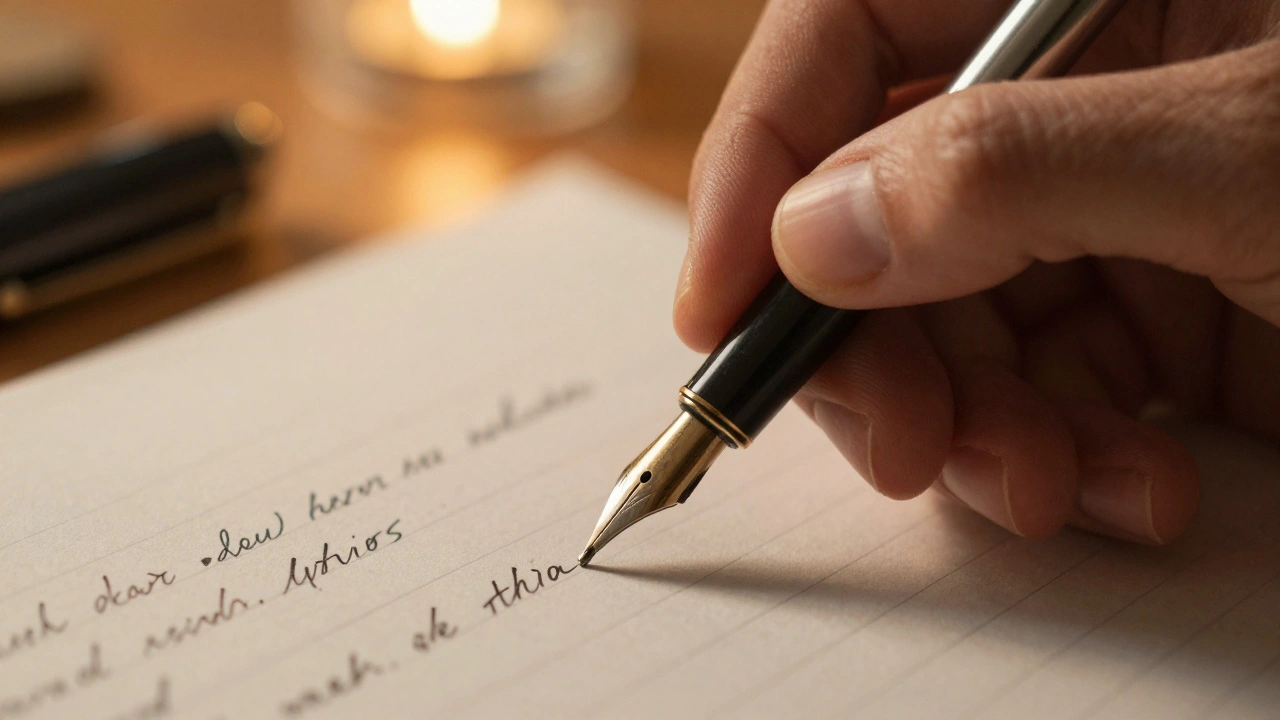 Hand writing lyrics with a fountain pen on paper