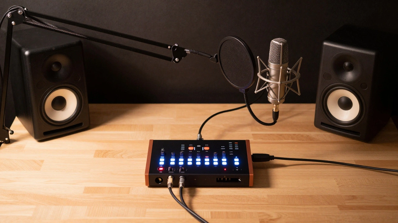Home studio setup with interface, mic, and monitors