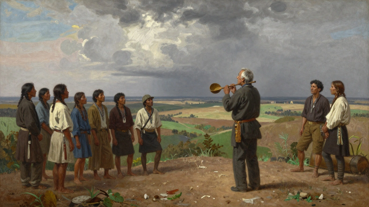 Indigenous group singing on a ridge during the Muskogee Few era