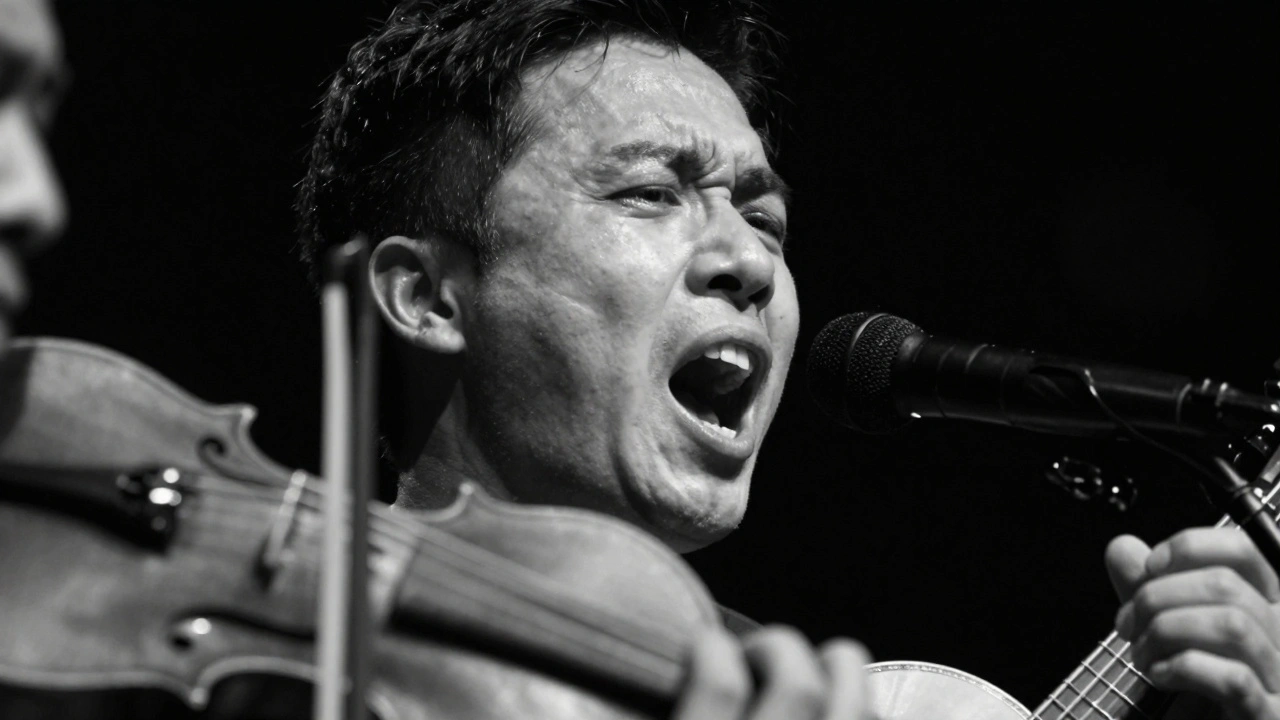 Intense black and white portrait of a raw vocal performance