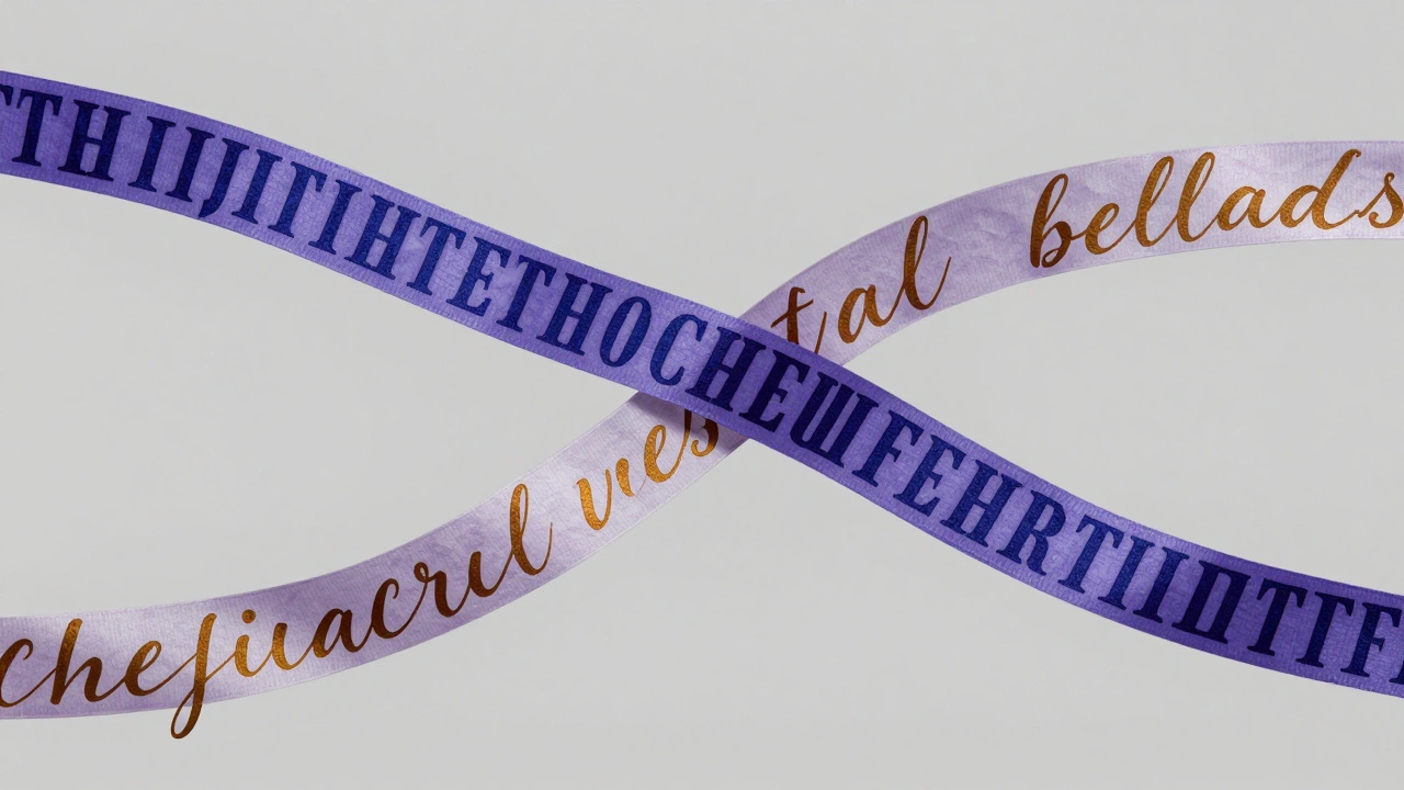Intertwining ribbons of structured sacred text and flowing secular script blending into purple.
