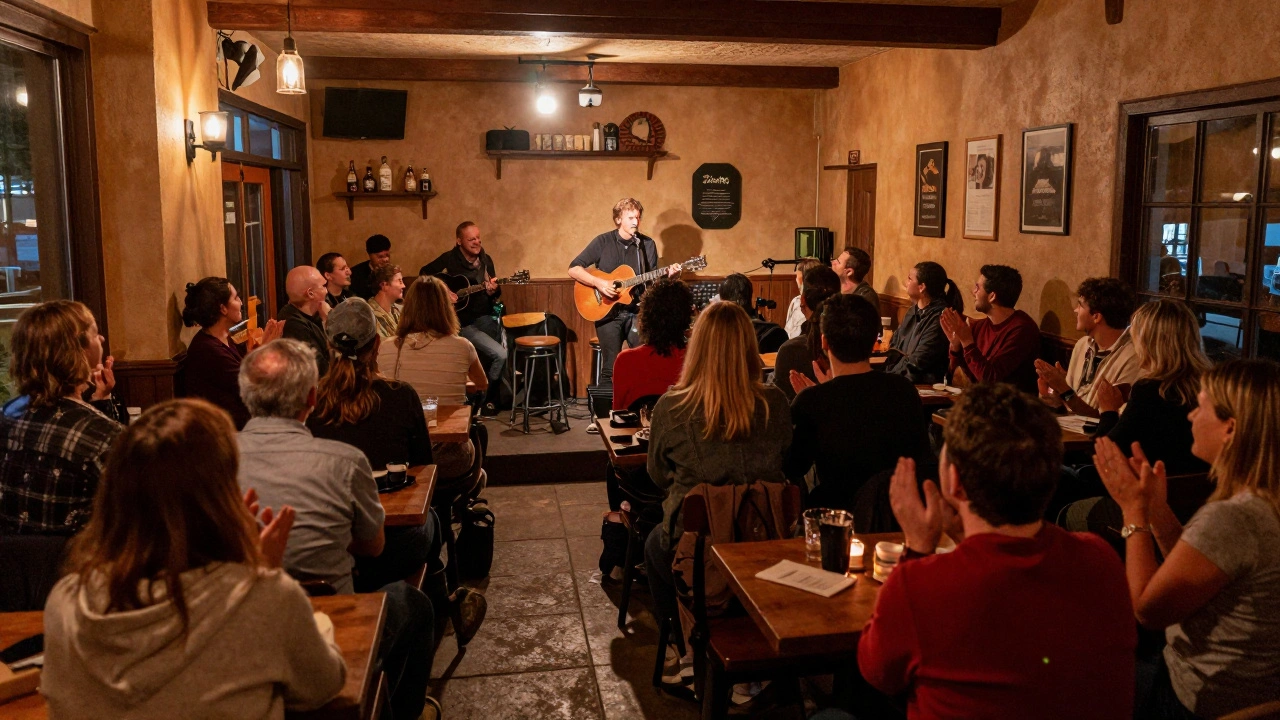 Intimate crowd listening attentively to a folk musician in a cafe