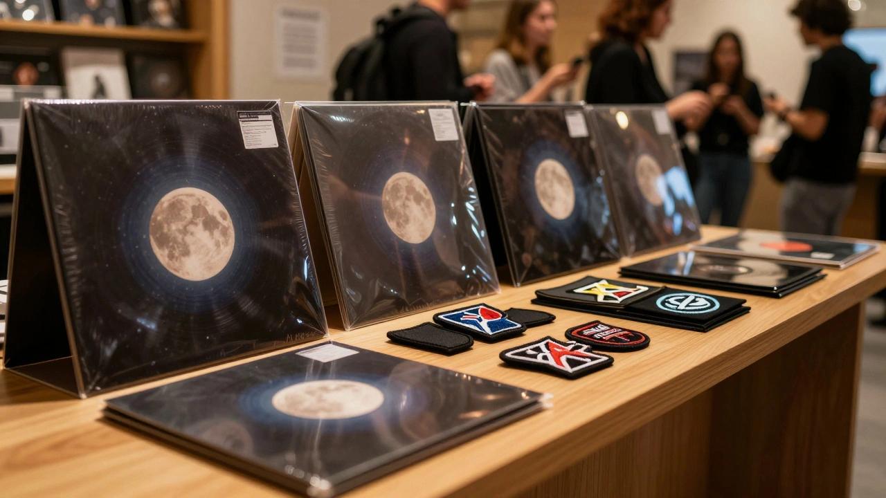 Limited edition vinyl and patches at merch table