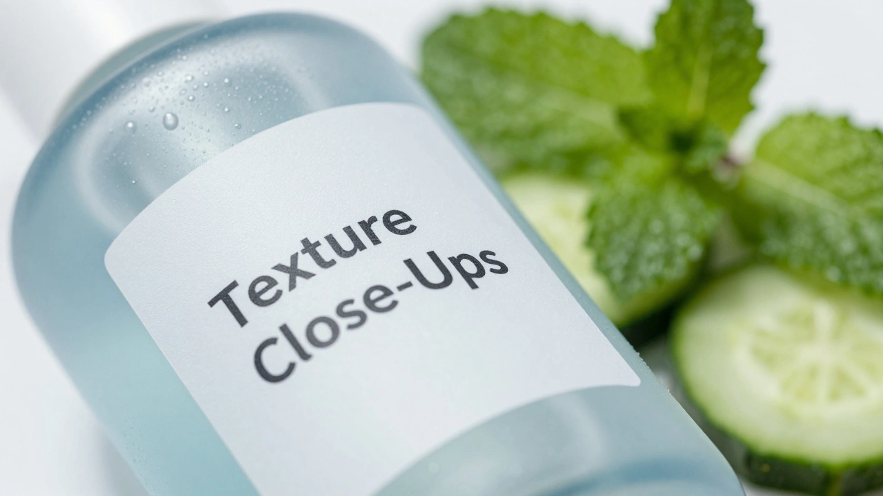 Macro shot of skincare bottle with fresh cucumber ingredients