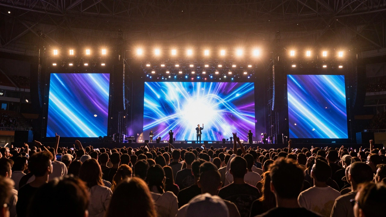 Modern stadium gospel concert with massive LED screens and large audience