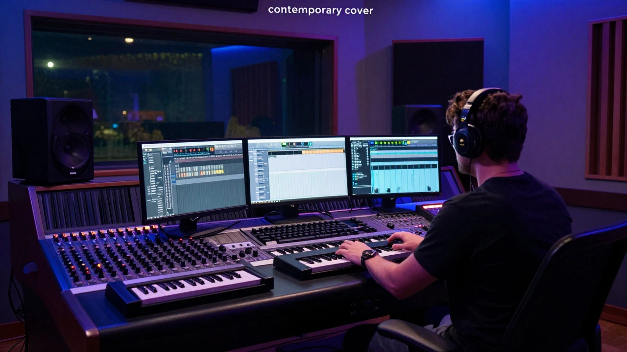Music producer in a modern studio with synths, illustrating contemporary cover production.