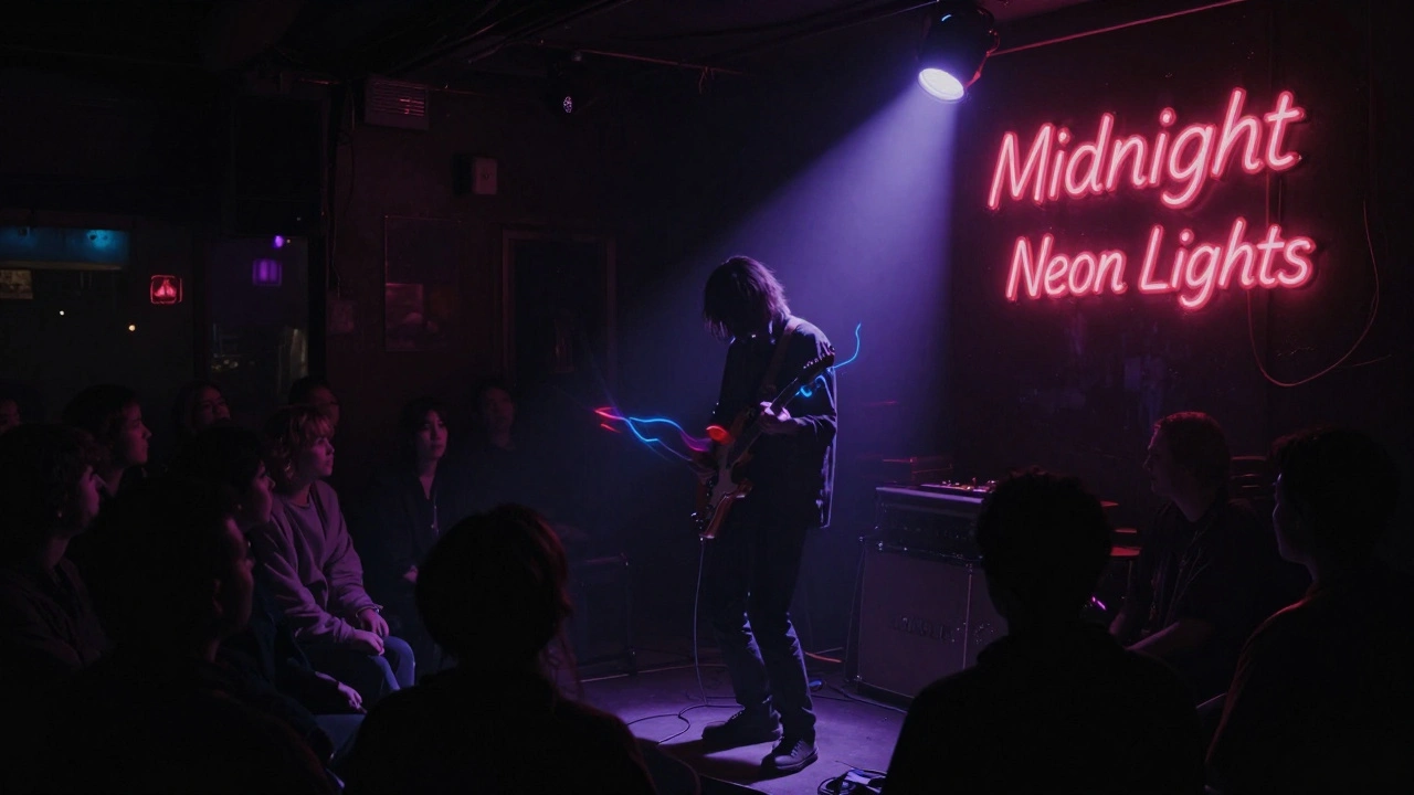 Musician playing electric guitar under neon lights in a dark, gritty club