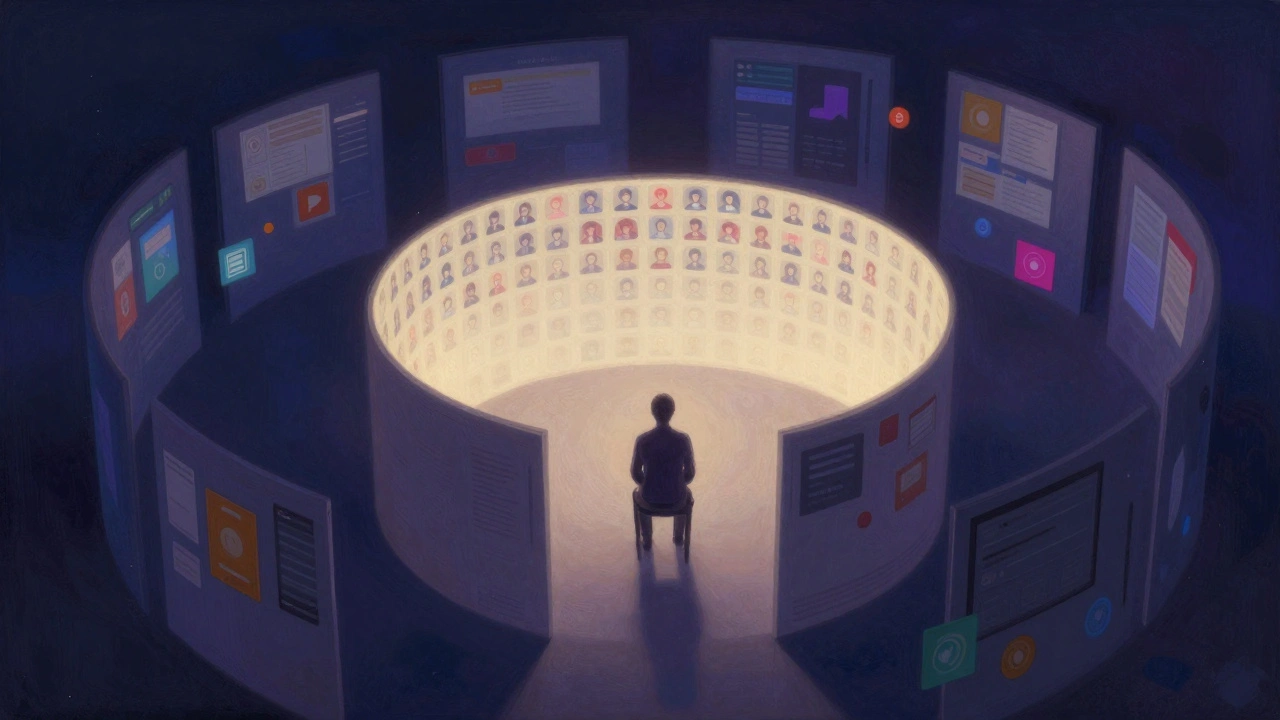 Person isolated in an algorithmic echo chamber of biased information