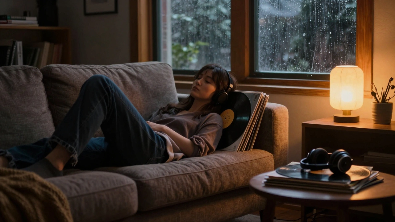 Person relaxing on sofa with headphones in cozy room