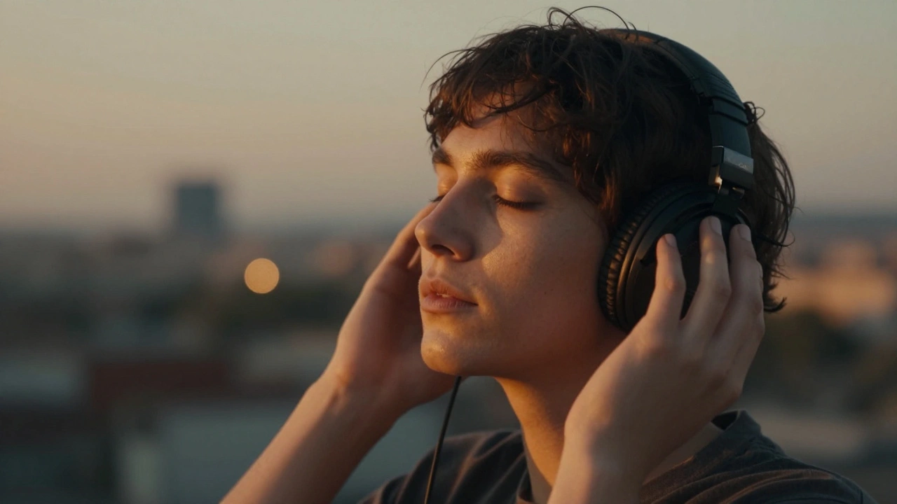 Person wearing headphones enjoying atmospheric indie music