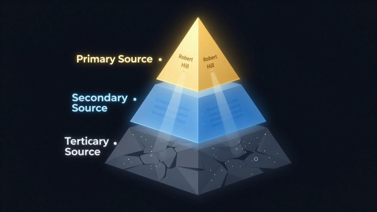 Pyramid diagram showing primary, secondary, and tertiary news source reliability levels