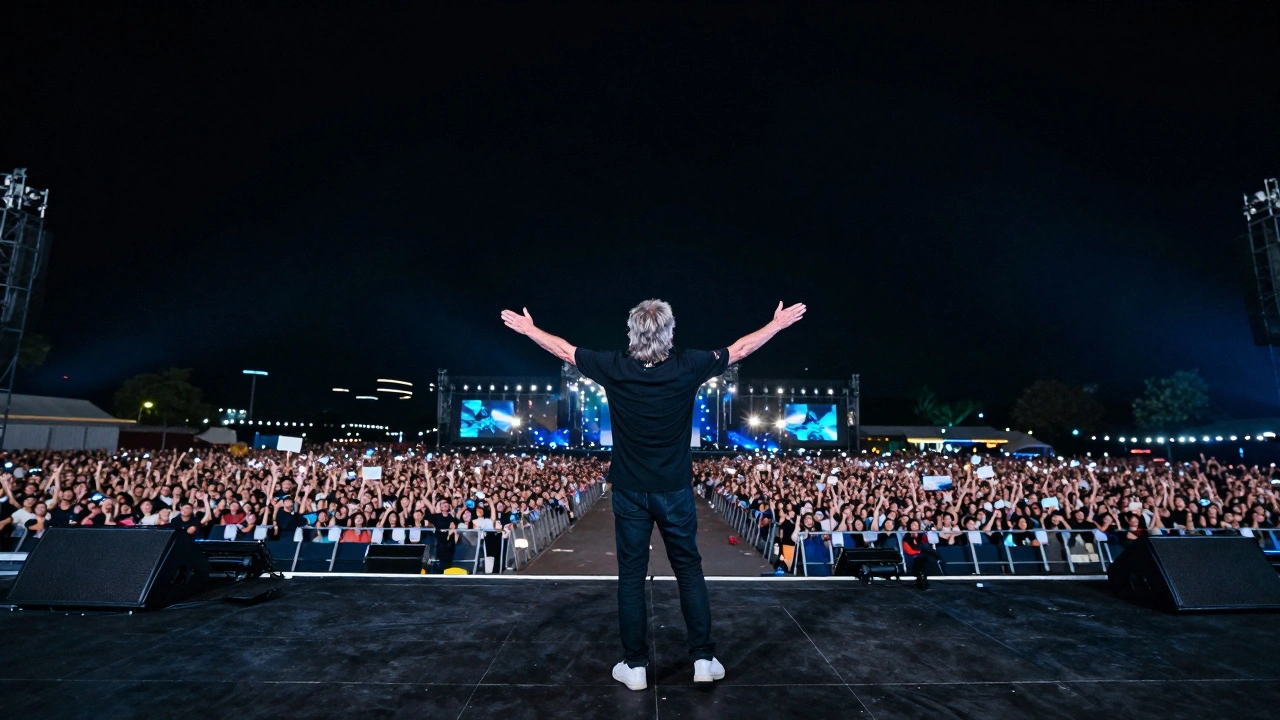 Robert Hill performing confidently on a large festival stage with relaxed posture.