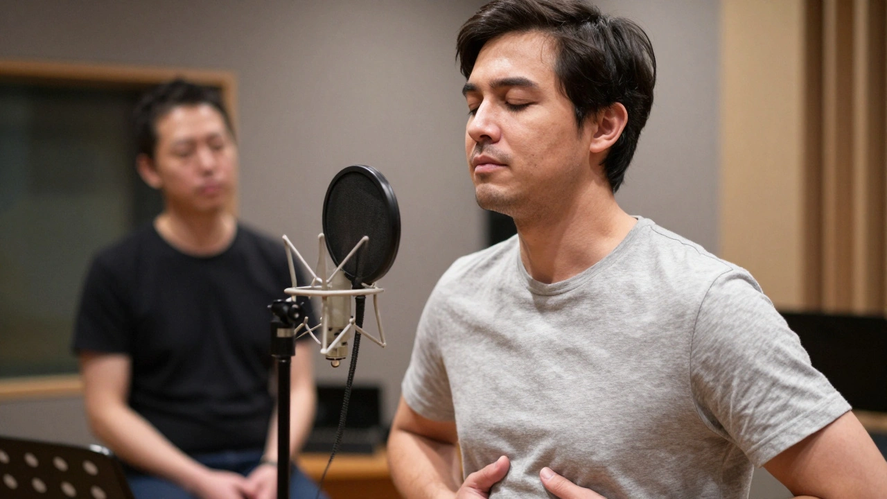 Robert Hill practicing breathing techniques with a vocal coach in a studio.