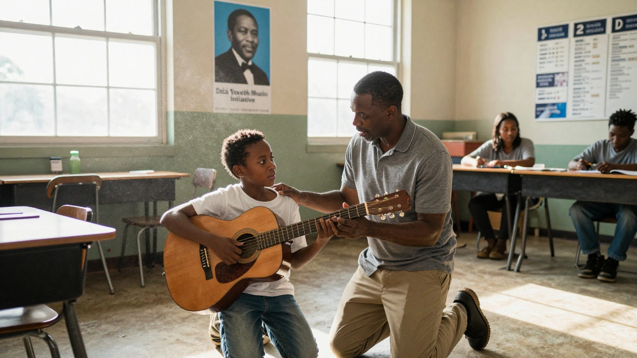 Robert Hill teaching a young student guitar in a sunlit Delta classroom