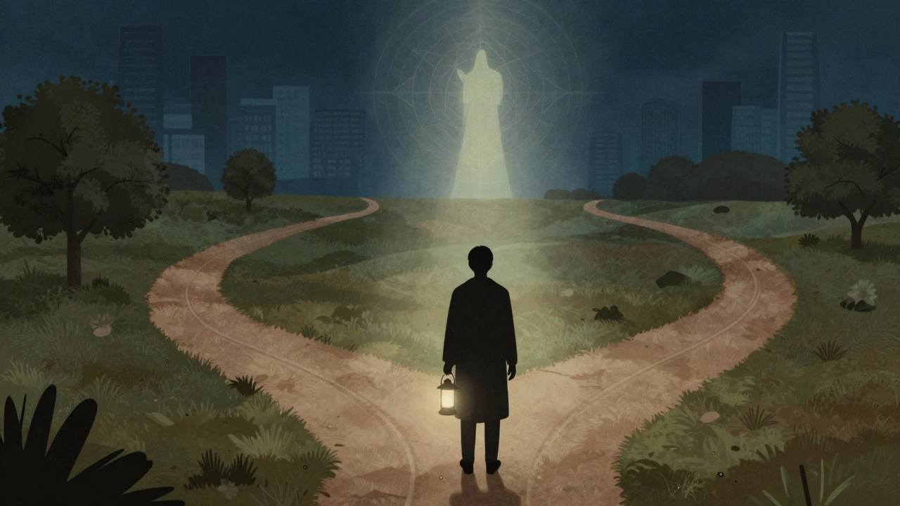 Silhouette at a crossroads choosing between a glowing sacred path and an earthly secular journey.