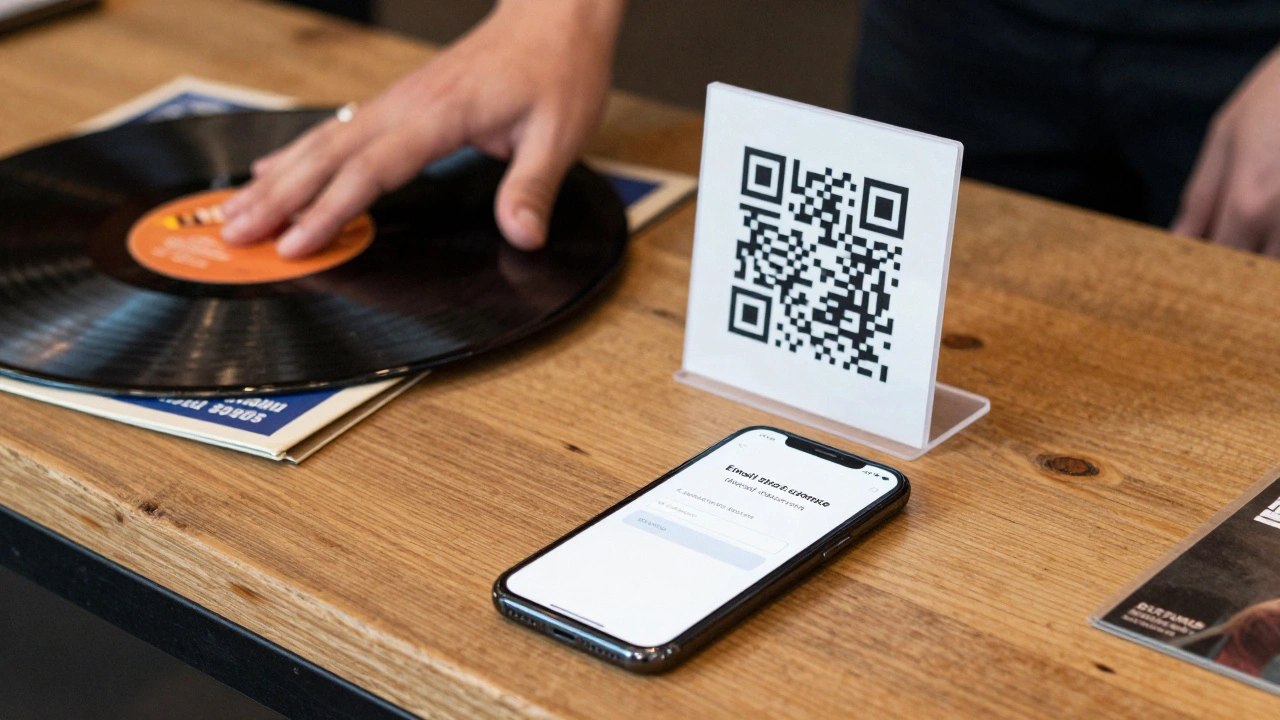 Smartphone scanning QR code at a music merch table
