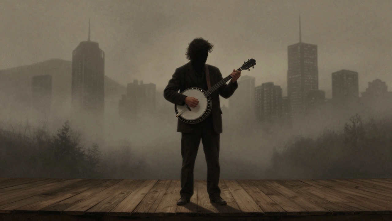 Solitary musician with banjo blending rural and urban imagery