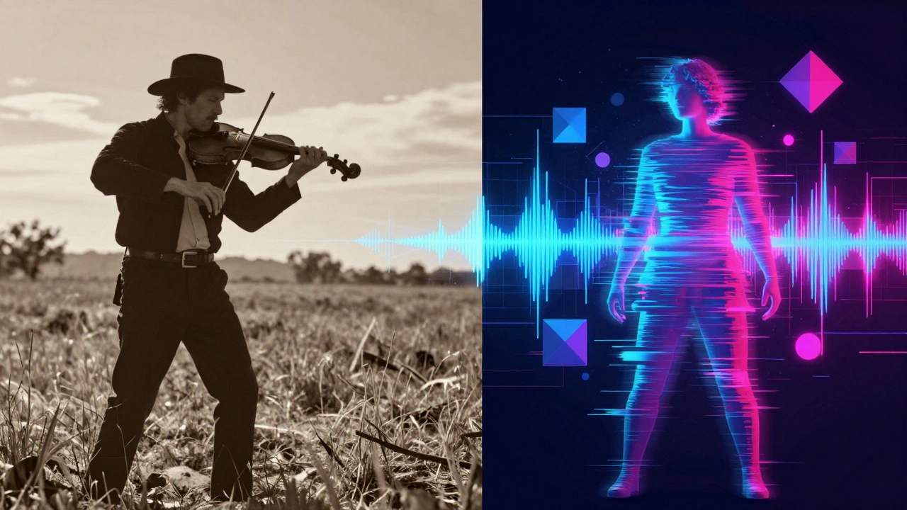 Split image contrasting rustic folk musician with digital art, showing musical evolution.
