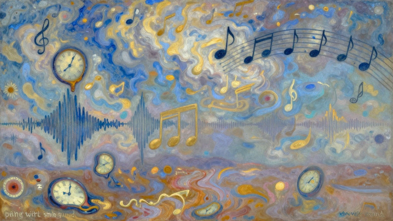 Surreal artwork blending musical notes with impressionist paint swirls
