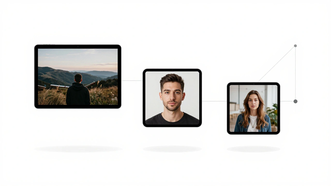 Three digital frames displaying different aspect ratios for musician photos.