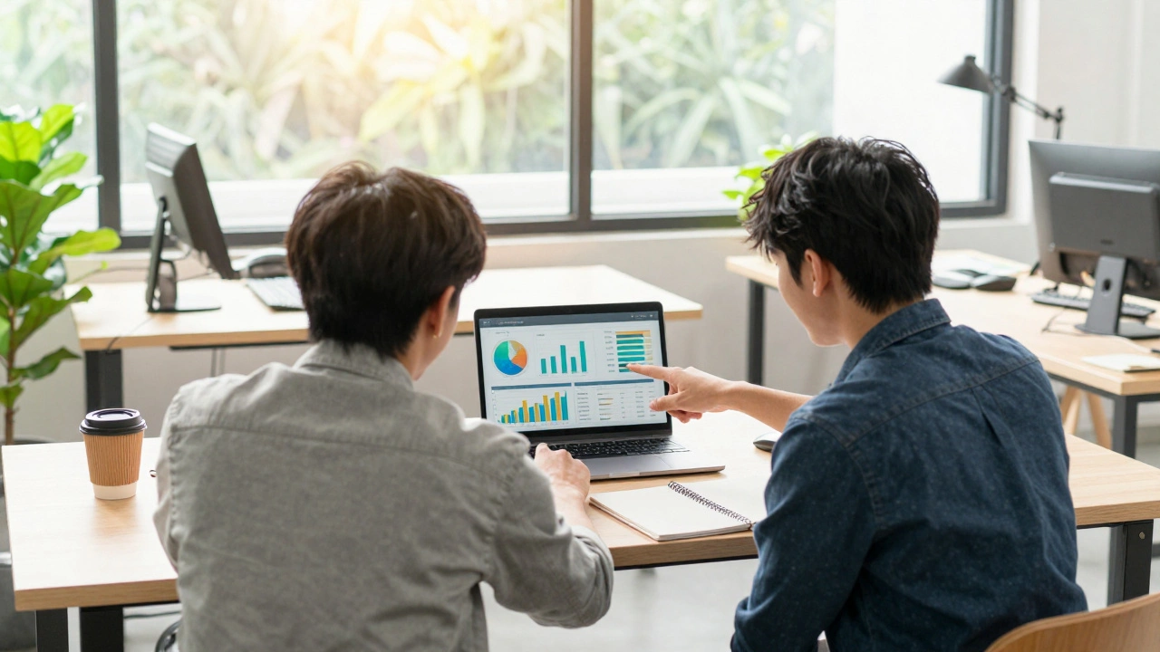 Two musicians reviewing analytics on a laptop in a sunlit workspace