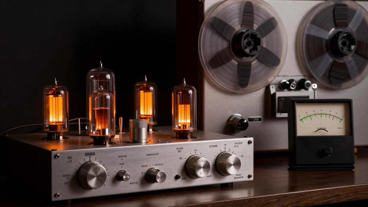 Vintage analog audio gear with glowing tubes and spinning tape reels