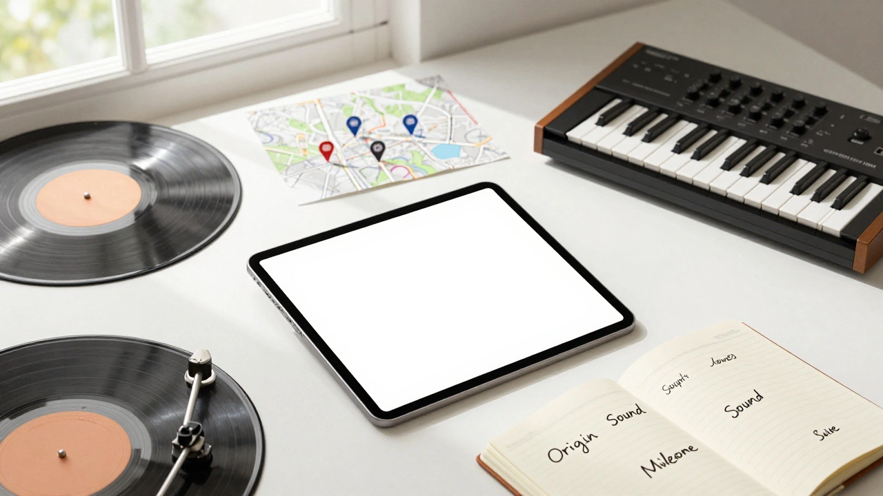 Workspace with vinyl, synth, and notes illustrating gathering artist story elements