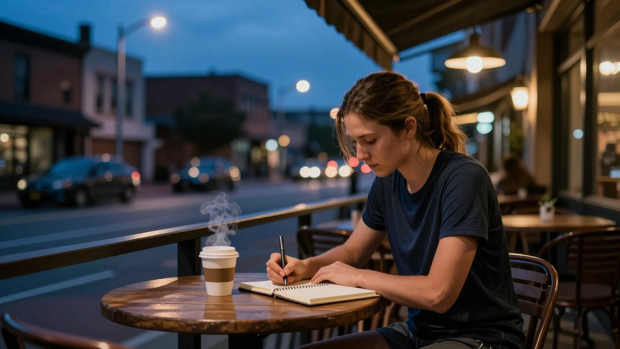 Runner journaling at a cafe patio during twilight