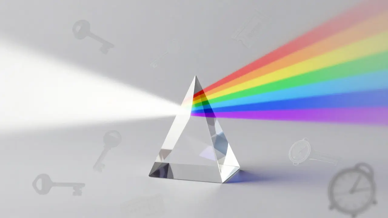 A crystal prism splitting white light into a rainbow surrounded by floating objects